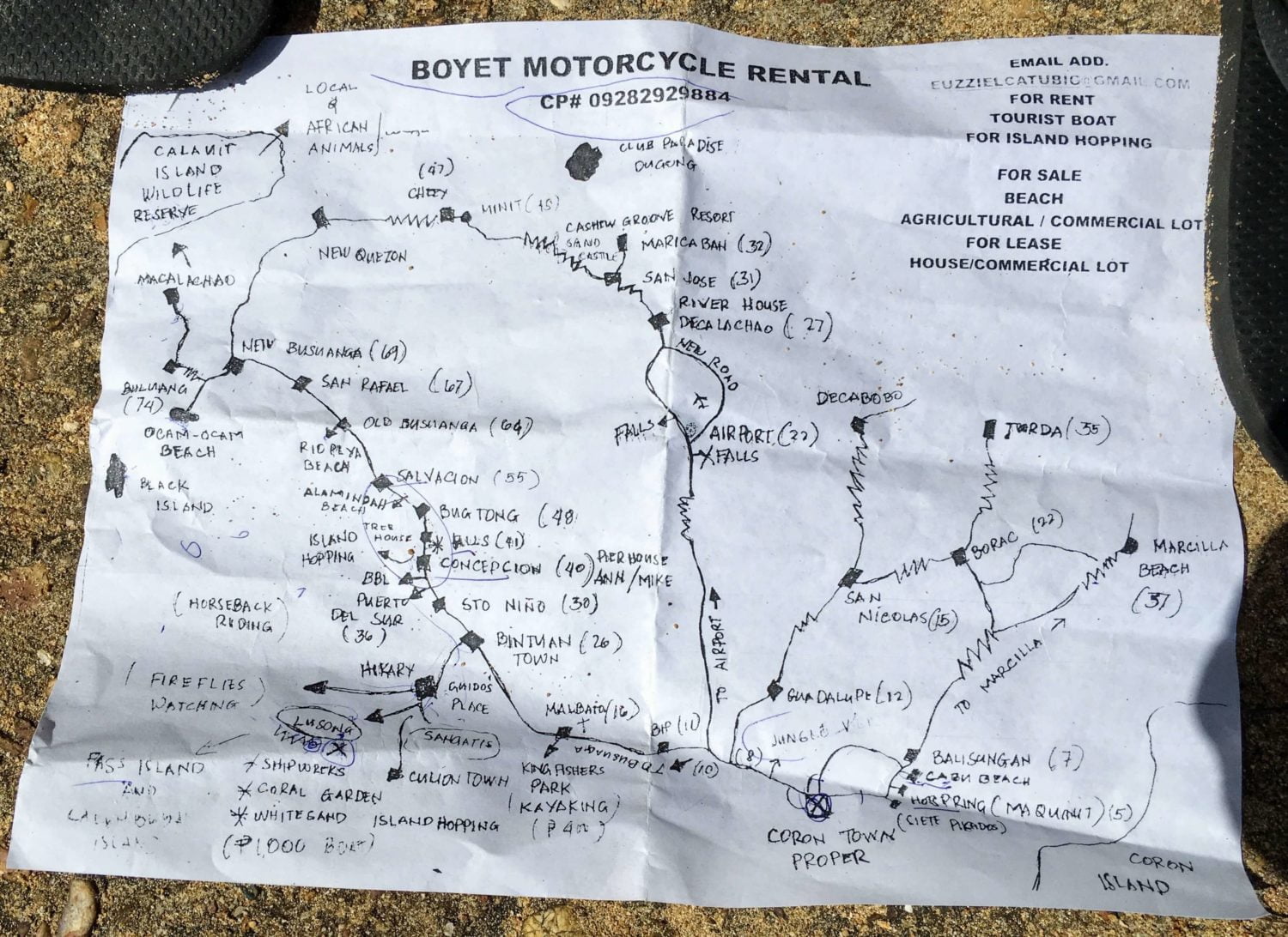Boyet's hand-drawn treasure map of things to do in Coron, Palawan