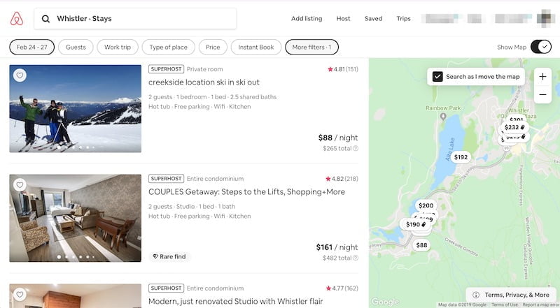 Screenshot of cheap Whistler accommodation options on Airbnb