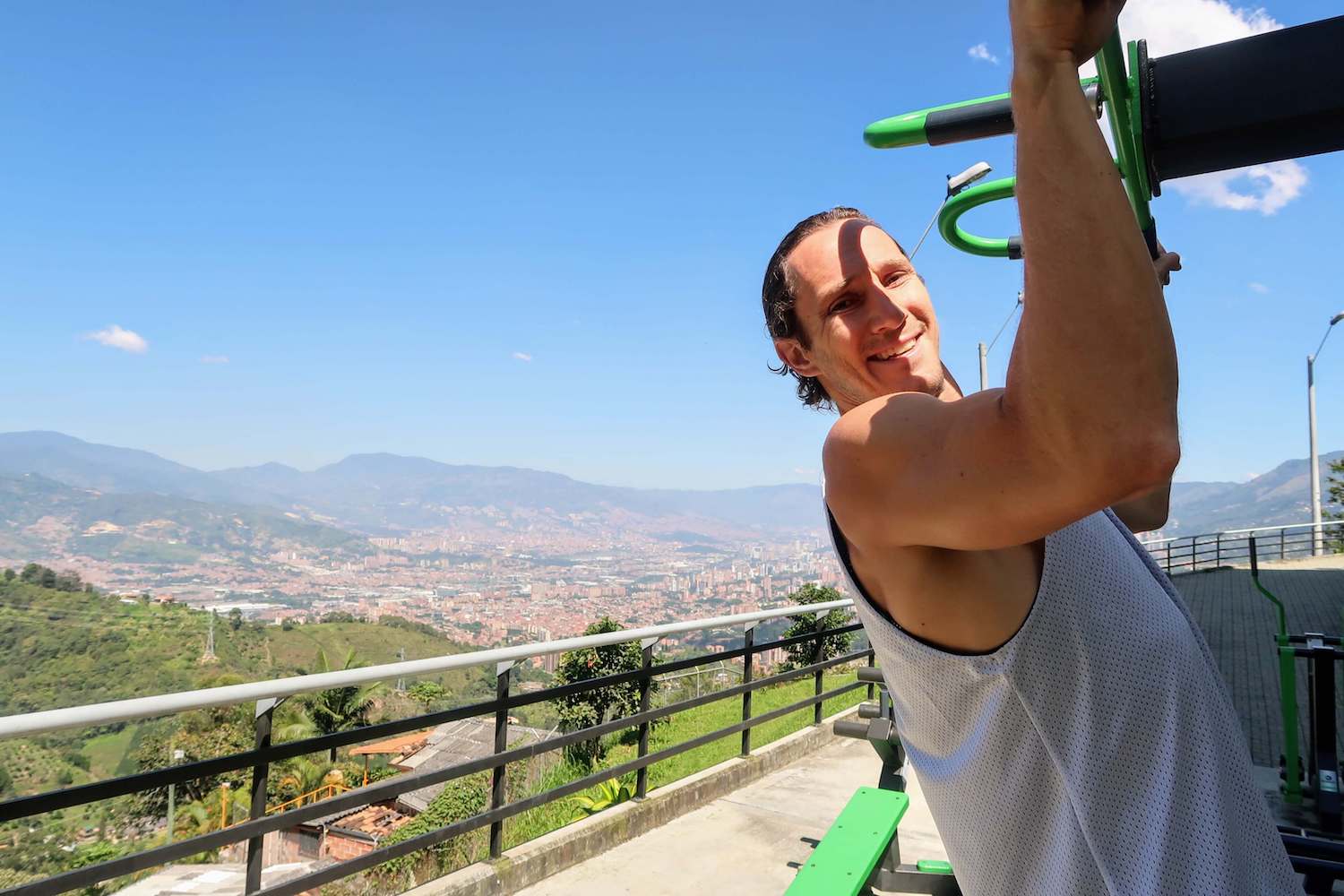 Chris workout out at Arenales viewpoint of Medellin after waterfall hike