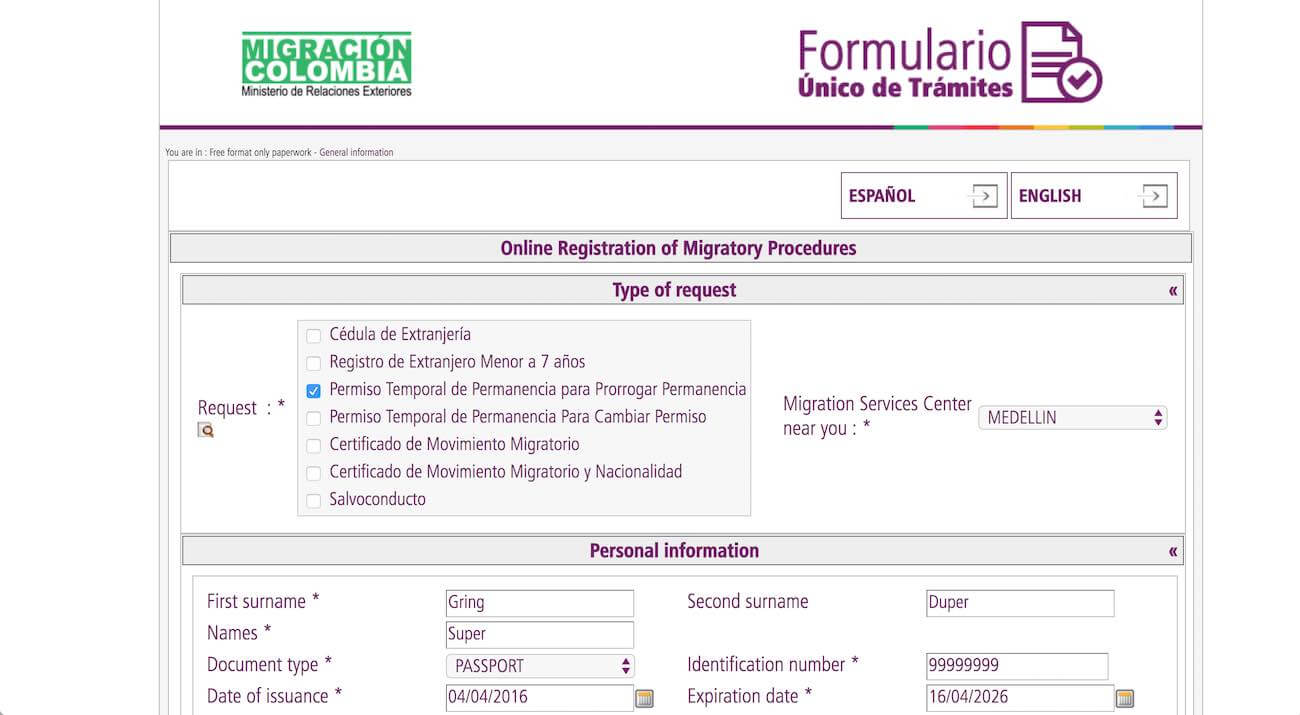 Screenshot of Colombia online visa extension application form