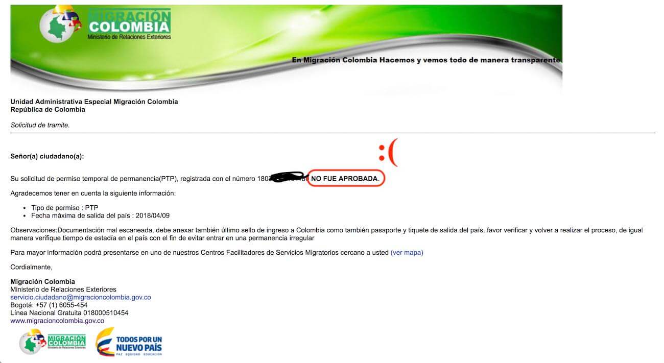 Screenshot of online visa extension rejection email.