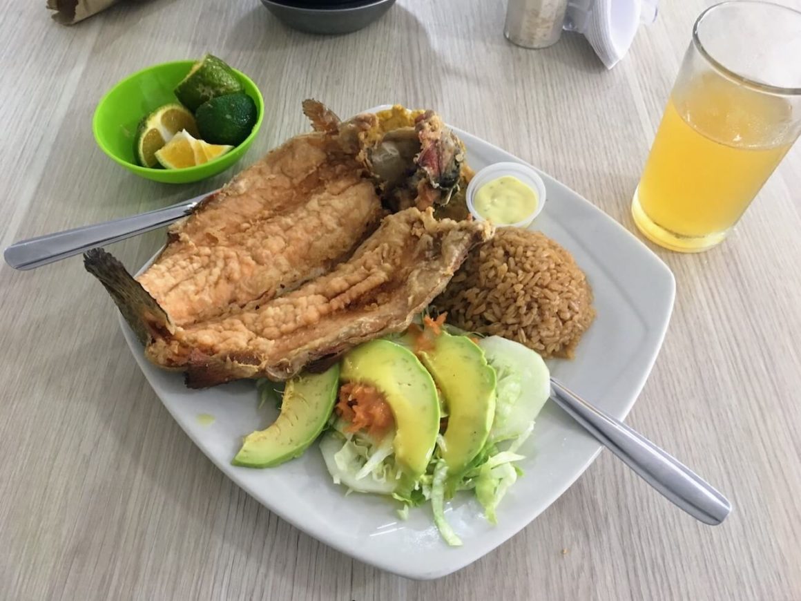Sazon de Mar restaurant's menu del dia with trout, salad, and rice.