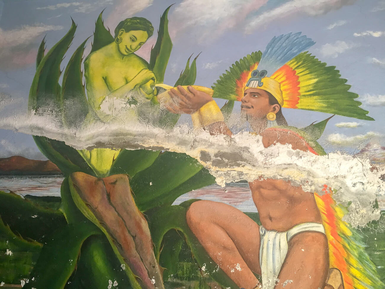 Painting of Aztec getting pulque from breast of goddess of pulque