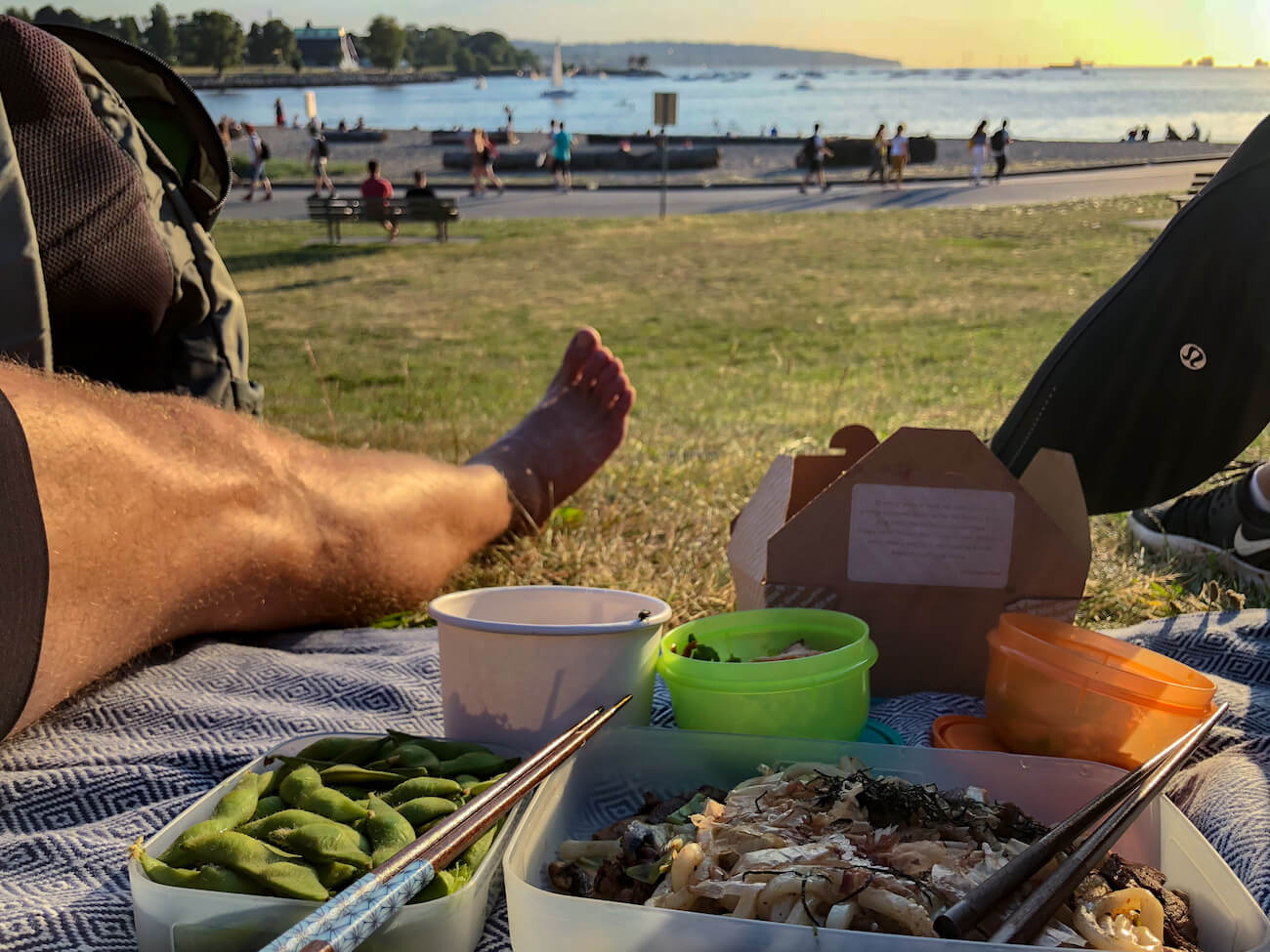 The food, sunset, and beach at a recent picnic we had at Sunset Beach