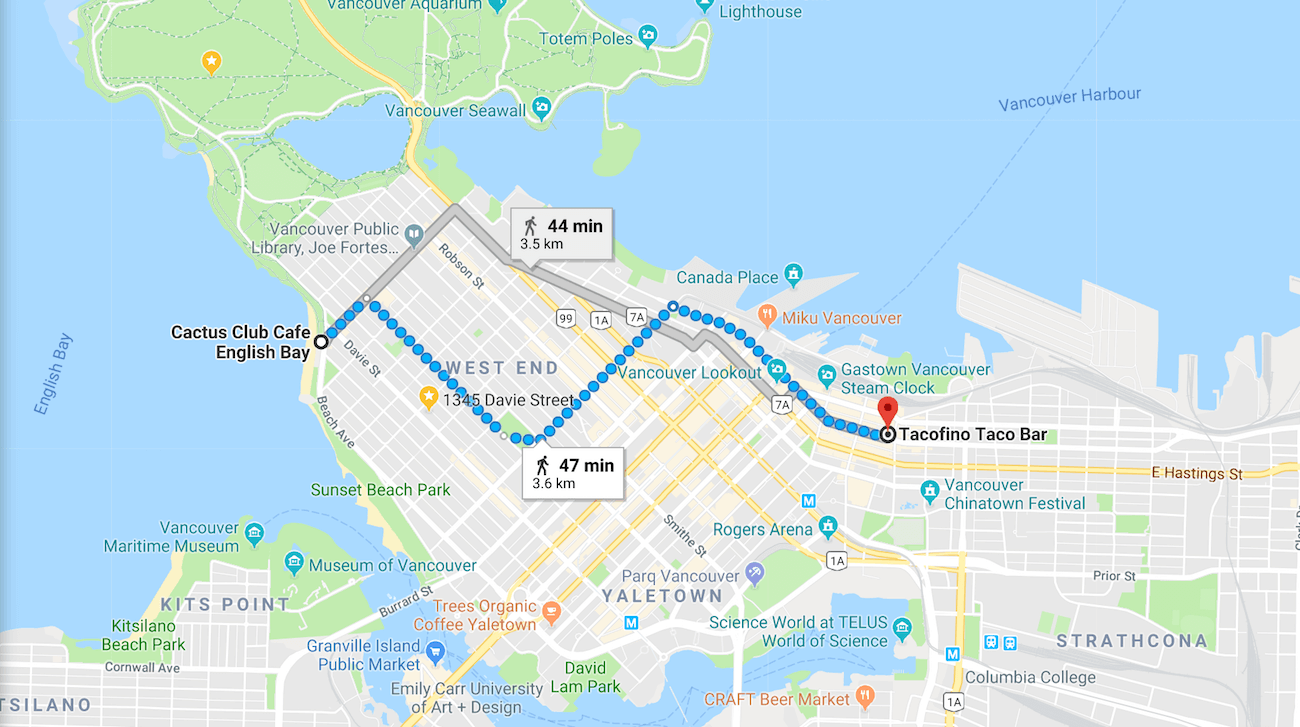 Google map of walking directions in downtown Vancouver