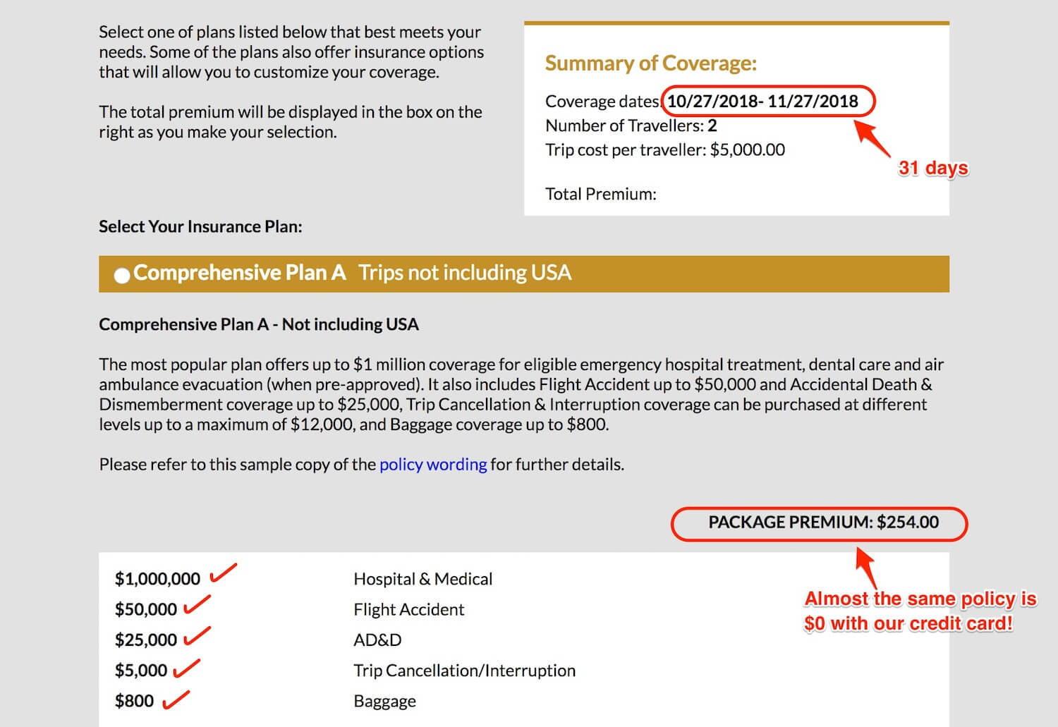 Travel insurance quote screenshot