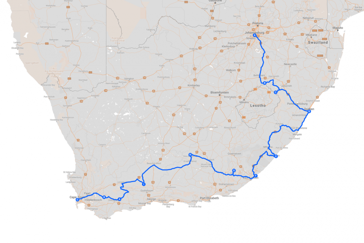 Map of the Hectic Route Johannesburg to Cape Town route trip
