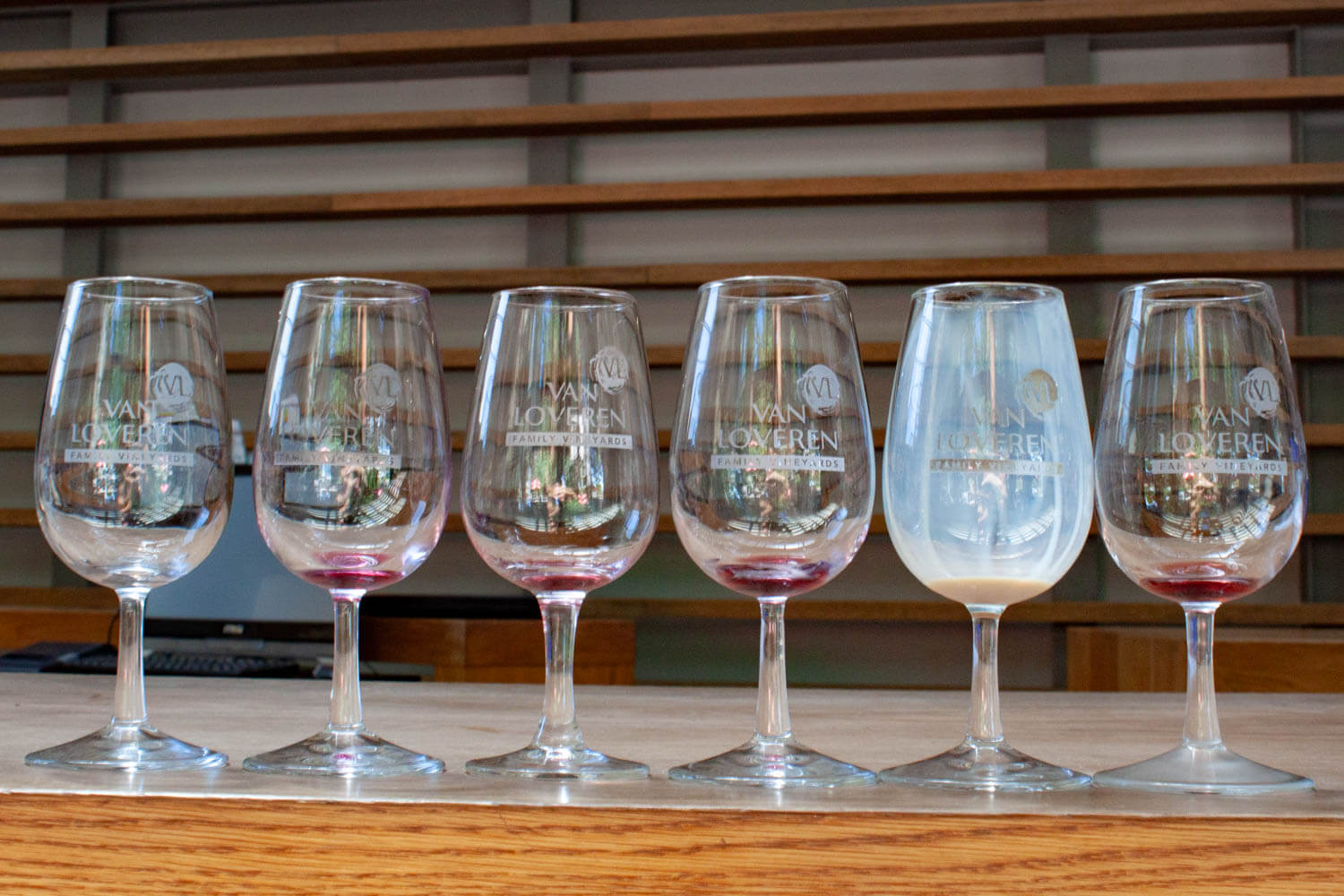 Line-up of empty tasting glasses at Van Loveren winery