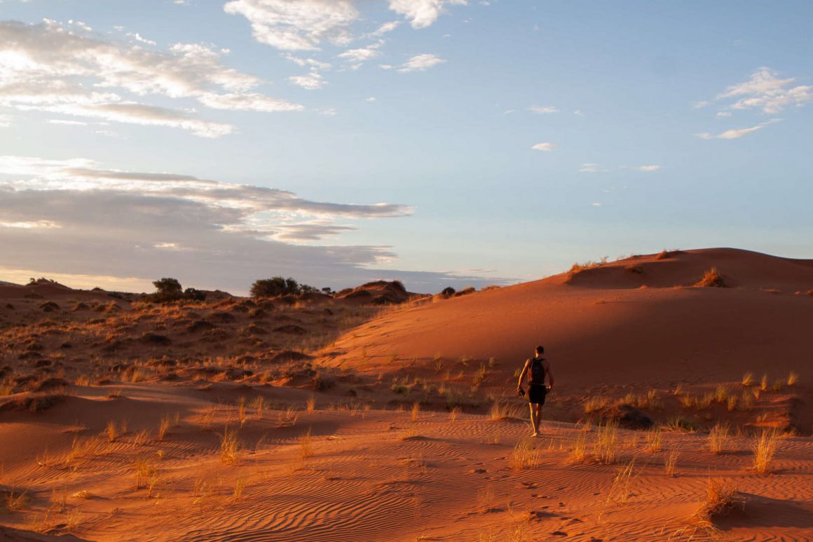 Is visiting Namibia worth it cover image of Chris walking in dune sunset