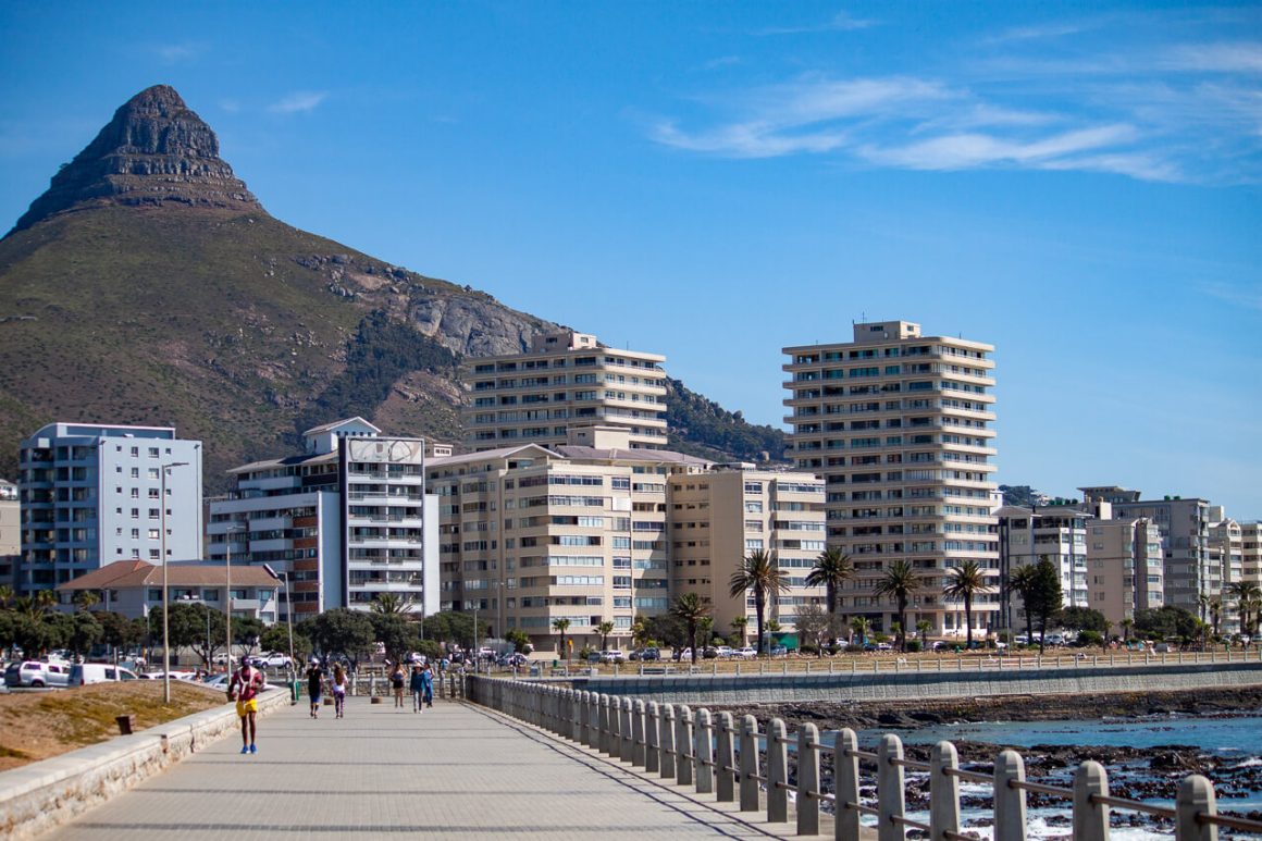 The Sea Point Promenade with Lion's Head behind.