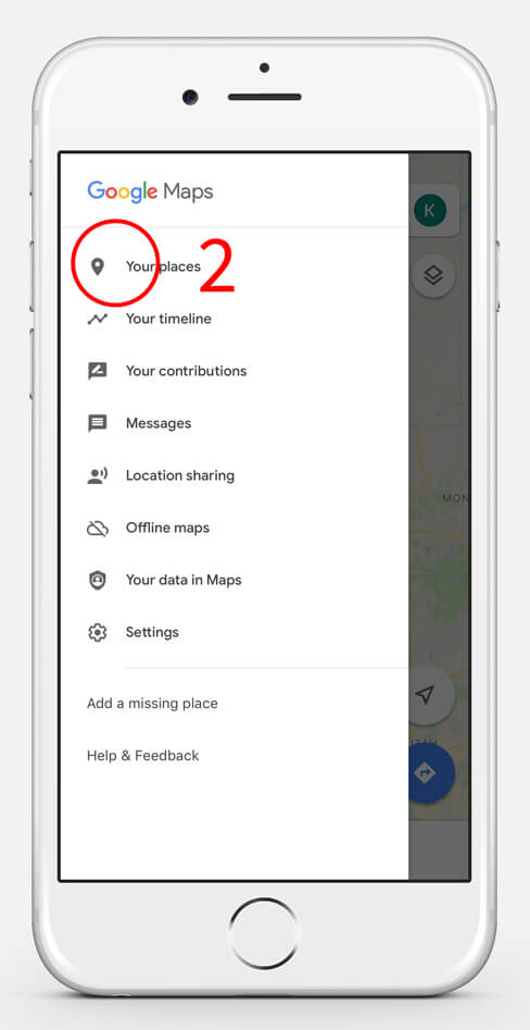 Screenshot of how to create a list on Google Maps and picking "Your Places"