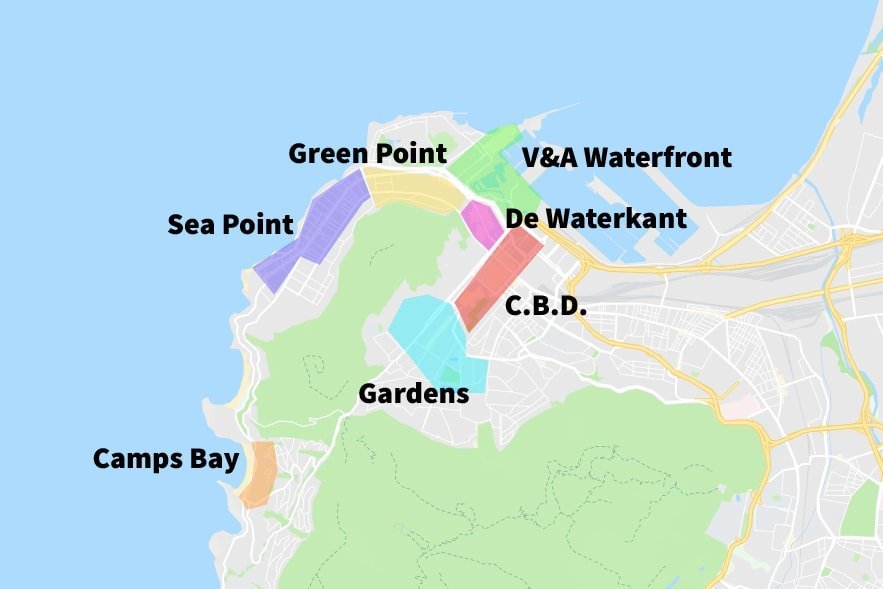 Map of the seven best neighborhoods in Cape Town.