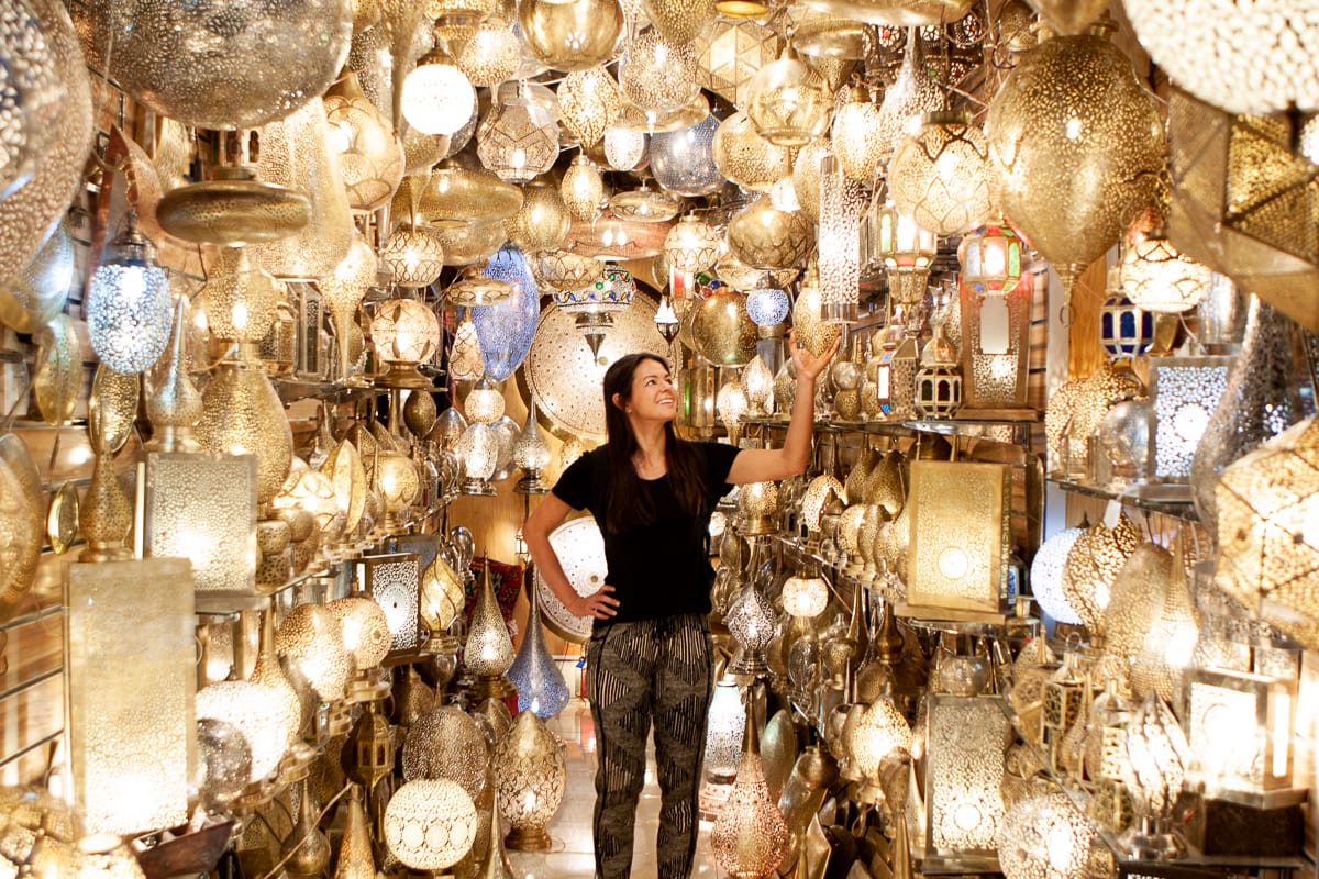 Kim in the middle of a light store in Marrakech