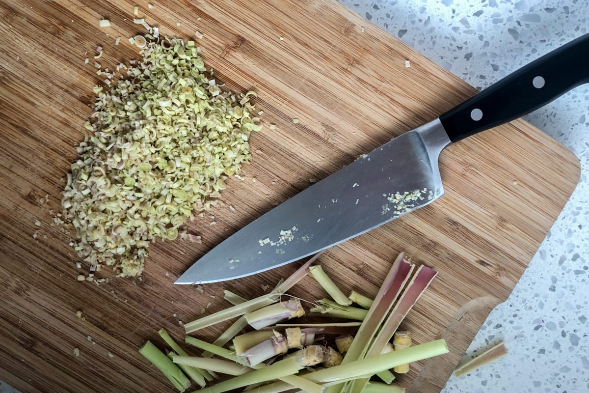 Chopping lemongrass with a Wustof chef's knife