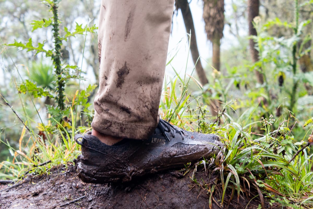 Close up of Chris' muddy Lems shoes which were perfect for the Mount Bisoke hike.