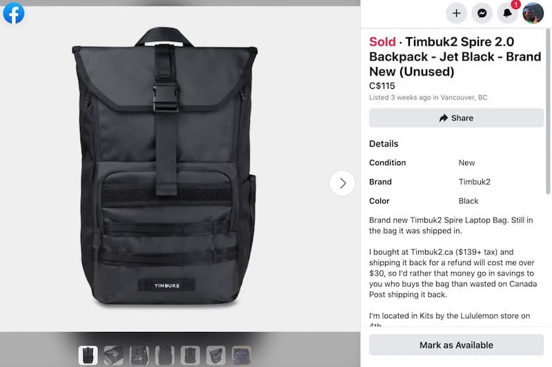 Facebook listing of the backpack I bought that wasn't a good fit